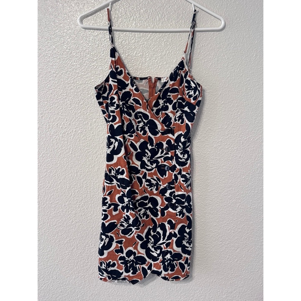 Leith Floral Wrap Mini Dress Size Small Rust Navy Sleeveless Button Detail